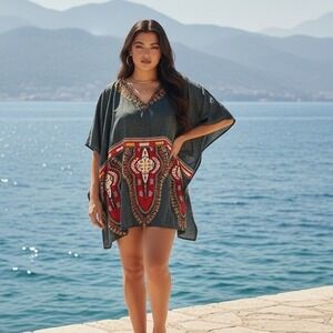 California Woman Multicolor Poncho Style Top Free Size Plus Size‎ Beaded NWT